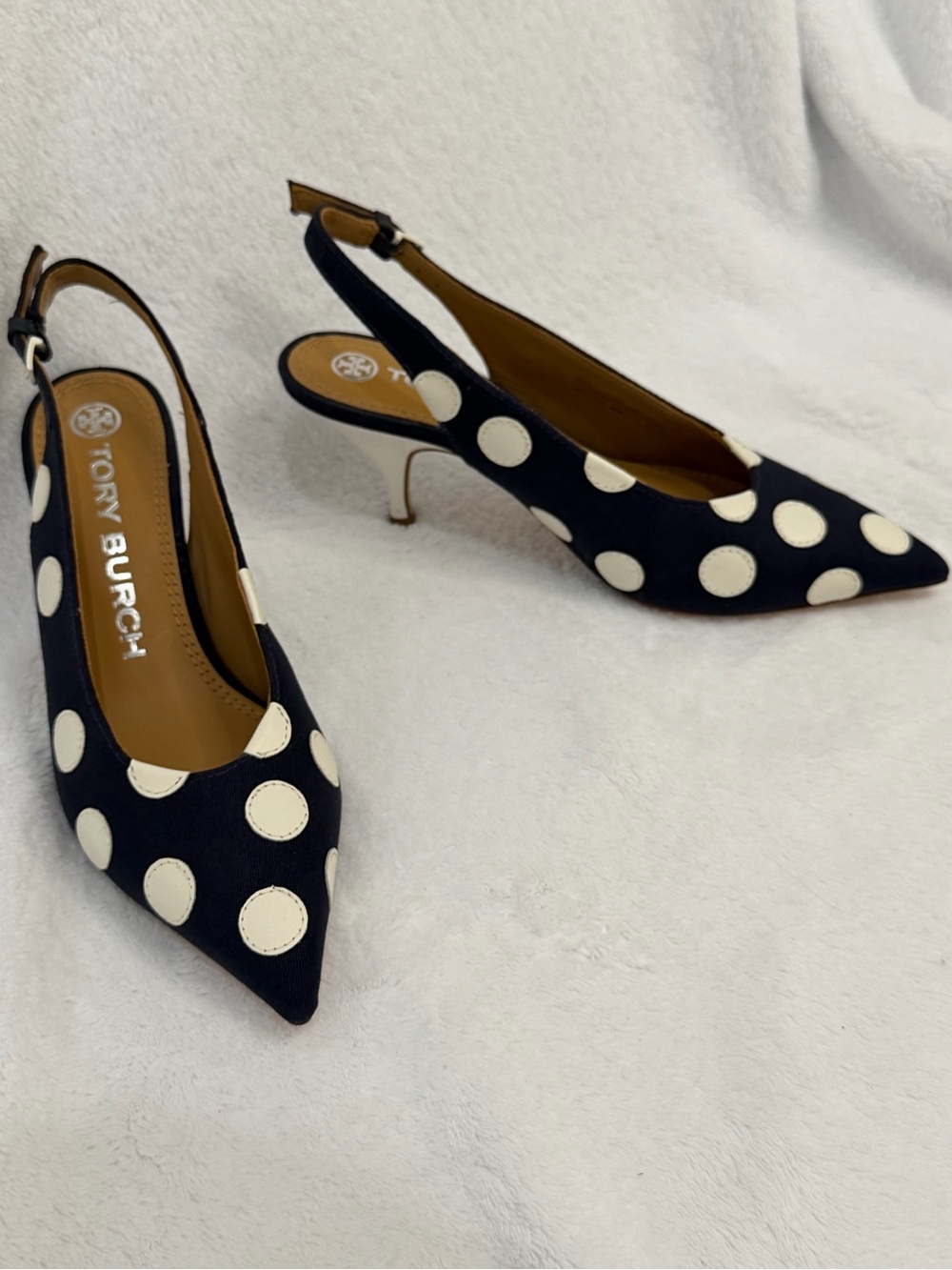 Tory Burch Polka Dot Slingback Heels Size 6M Navy White Pointed Toe Kitten Heel - Picture 7 of 16